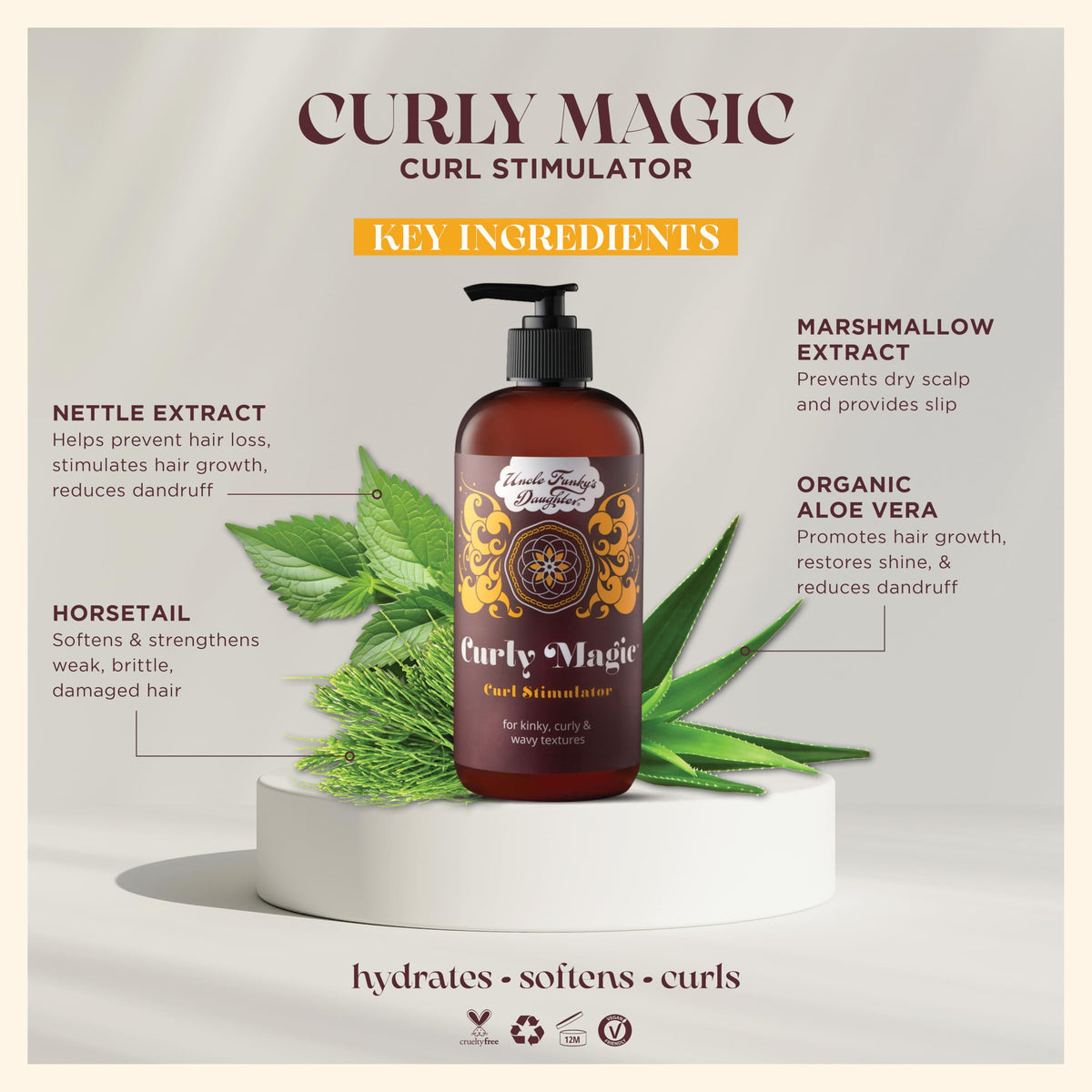 Close-up of key botanicals for Uncle Funky's Daughter Curly Magic highlighting natural ingredients