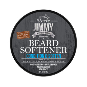 Uncle Jimmy front packaging showing compact beard balm and branding benefit: travel-friendly care