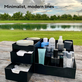 Uncluttered Designs drawer open with shaving cream and trimmer for hidden storage