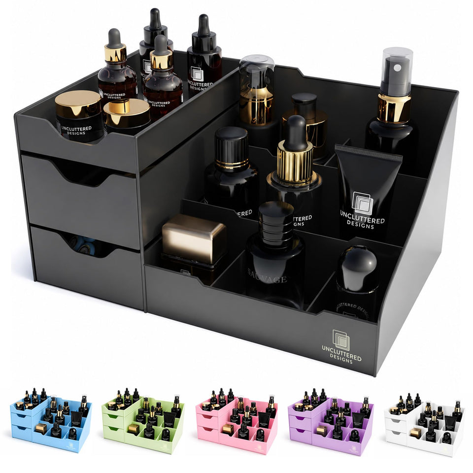 Uncluttered Designs front view showing organized bottles and drawers for tidy counters