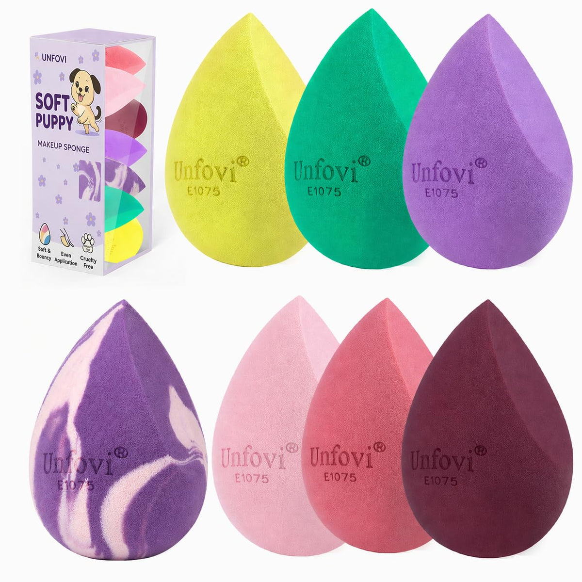 Unfovi front packaging showing seven colorful sponges and set benefit