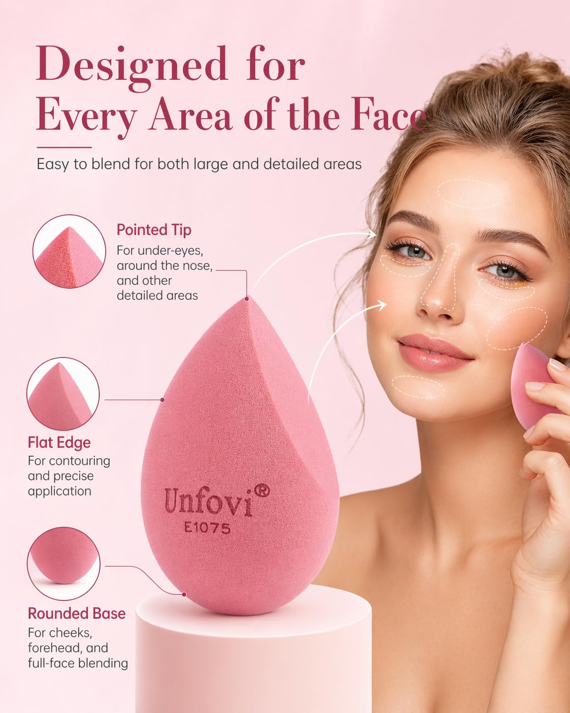 Unfovi rounded side blending surface for streak-free foundation benefit