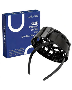 unibouti front packaging view showing product and benefits for secure graduation caps