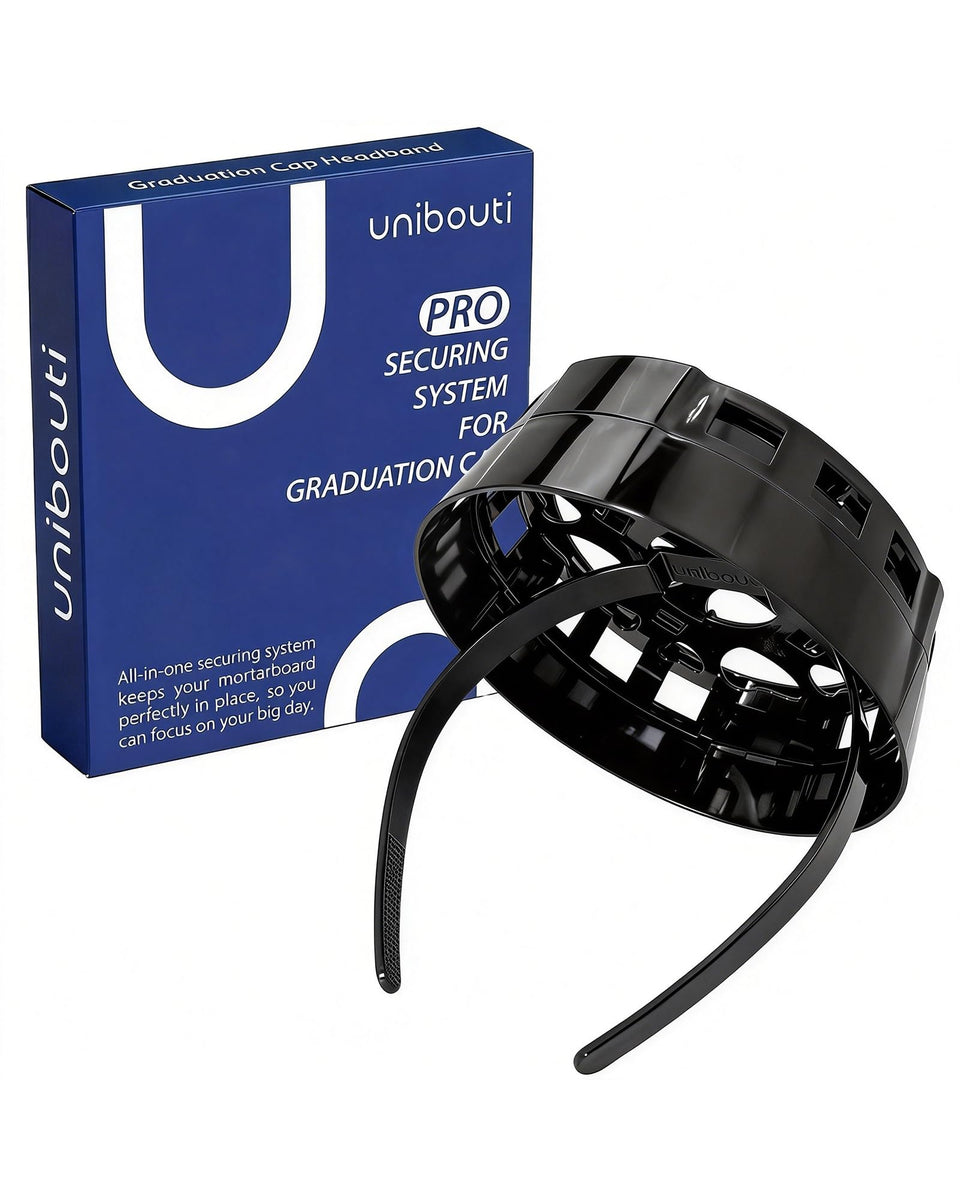 unibouti front packaging view showing product and benefits for secure graduation caps