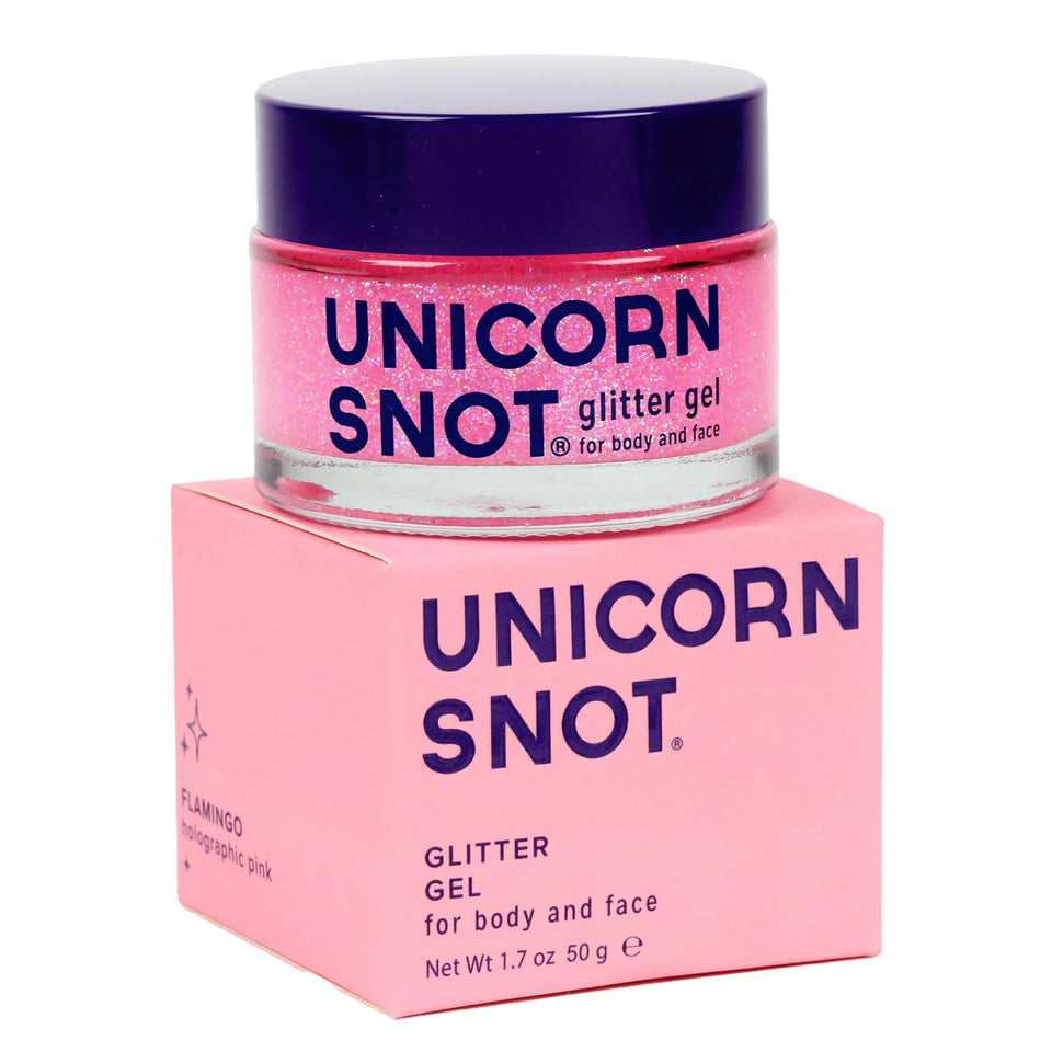 UNICORN SNOT Flamingo front jar showing holographic pink glitter and label, vibrant payoff