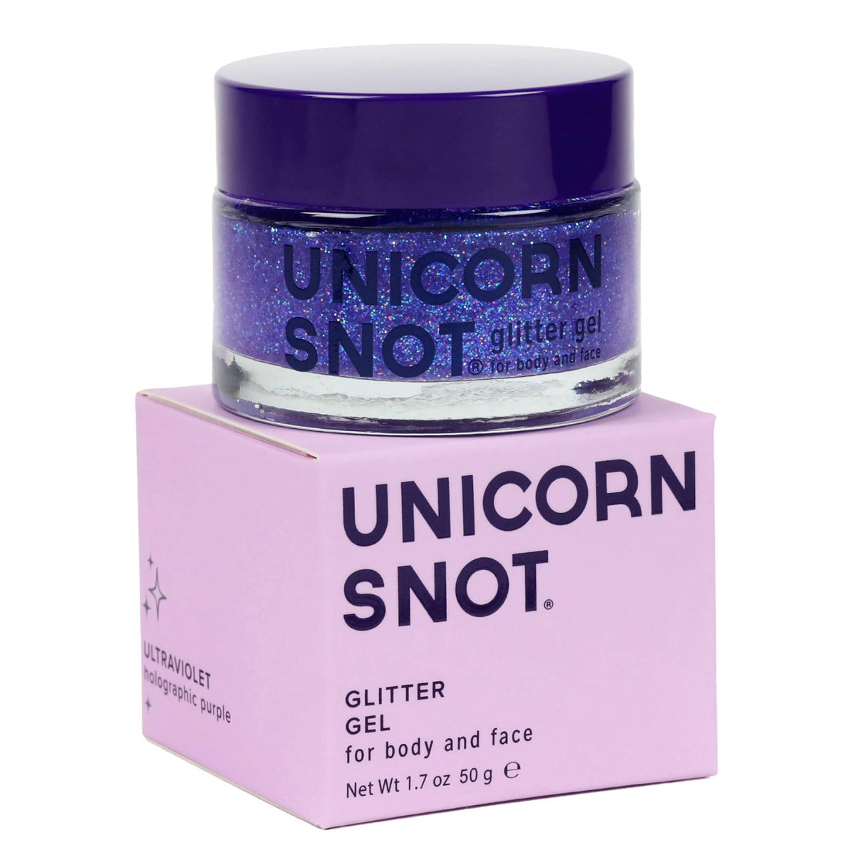 UNICORN SNOT front jar showing purple holographic glitter and label, vibrant packaging benefit
