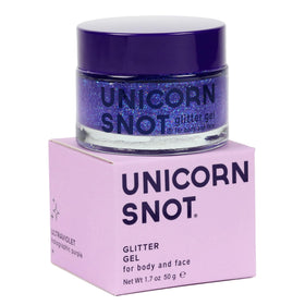 UNICORN SNOT front jar showing purple holographic glitter and label, vibrant packaging benefit