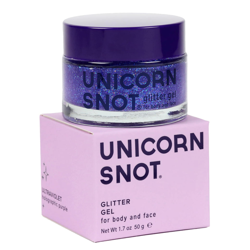 UNICORN SNOT front jar showing purple holographic glitter and label, vibrant packaging benefit