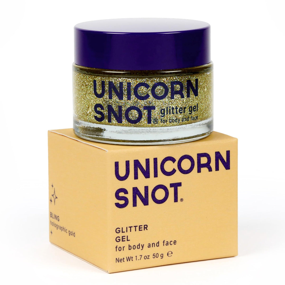 UNICORN SNOT jar front view showing gold holographic gel and label benefit