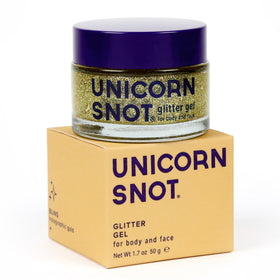 UNICORN SNOT jar front view showing gold holographic gel and label benefit