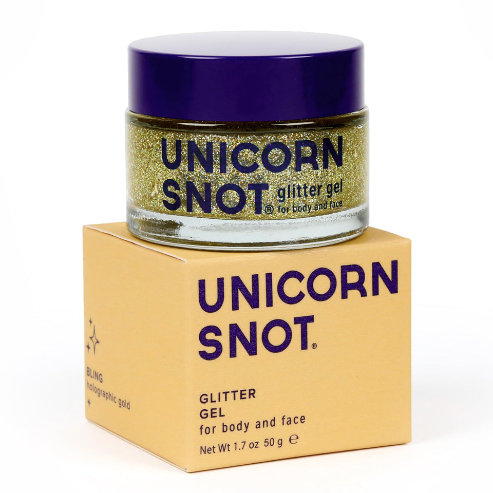 UNICORN SNOT jar front view showing gold holographic gel and label benefit