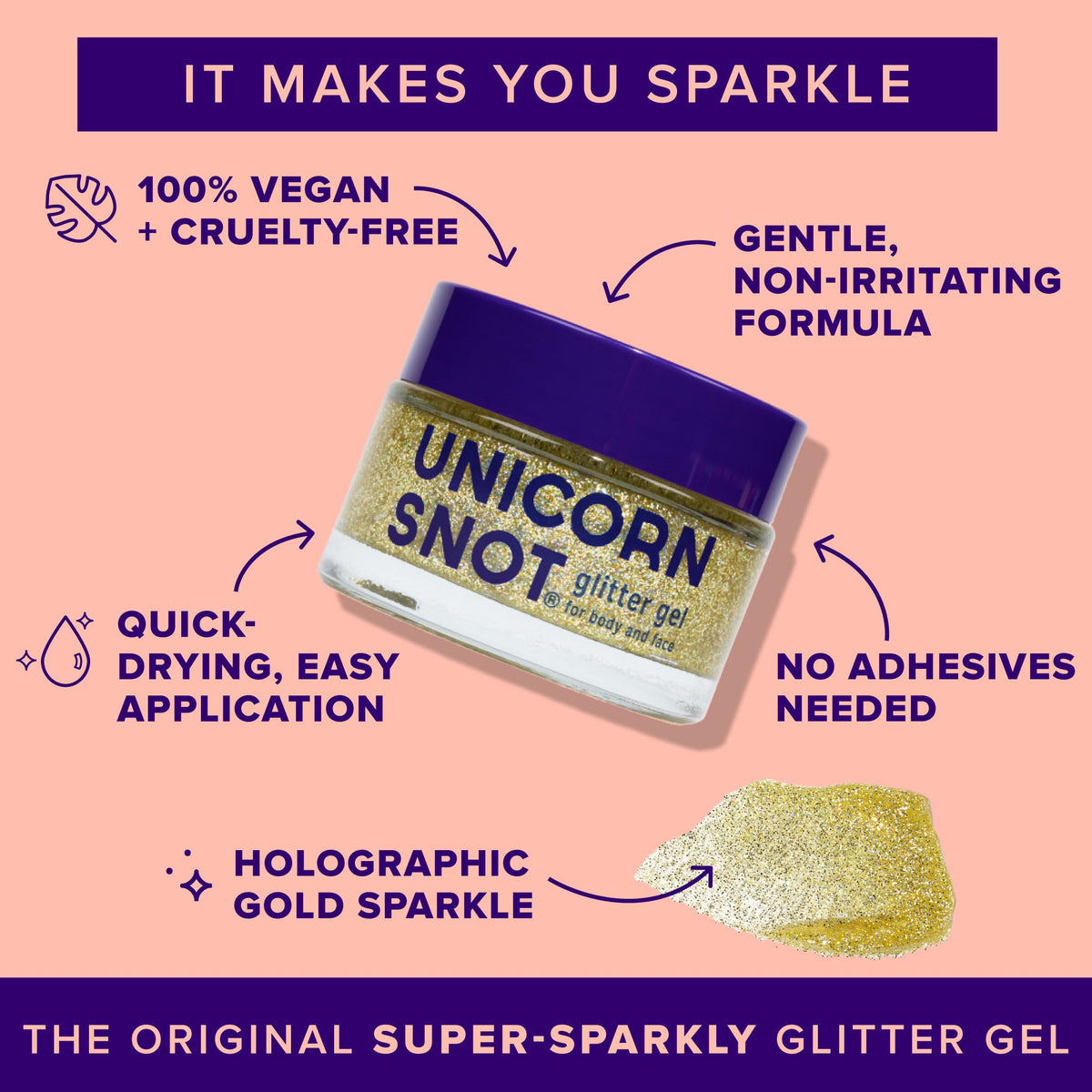 UNICORN SNOT close-up texture of gold holographic glitter gel for sparkle