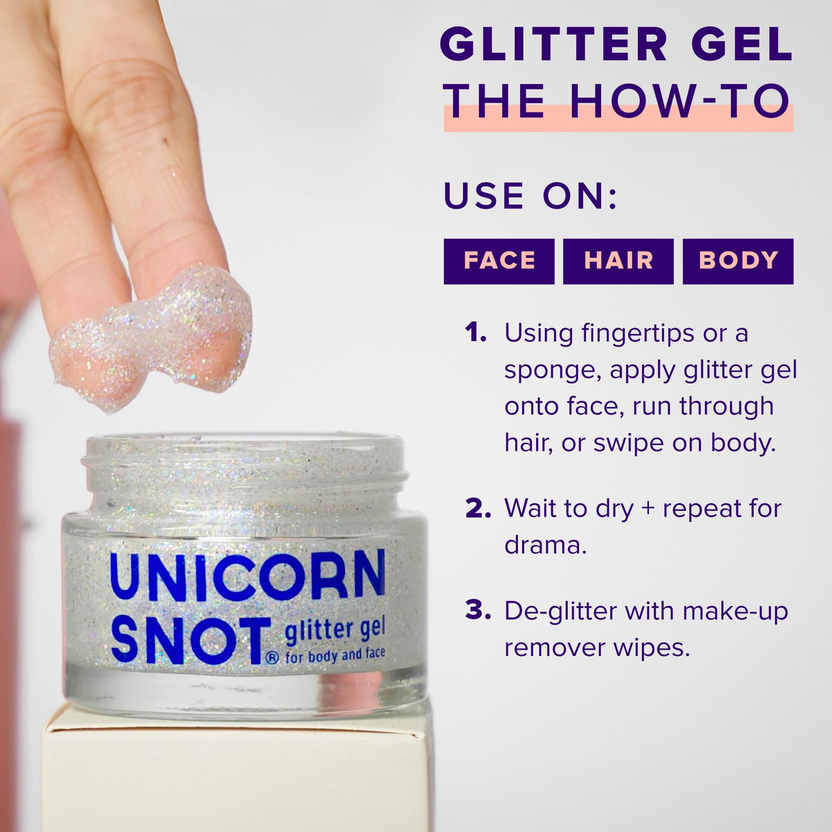 UNICORN SNOT swept through hair strand accentuating festival-ready shimmer