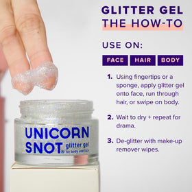 UNICORN SNOT swept through hair strand accentuating festival-ready shimmer