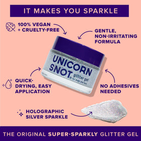 UNICORN SNOT open jar close-up showing holographic gel texture and reflective particles