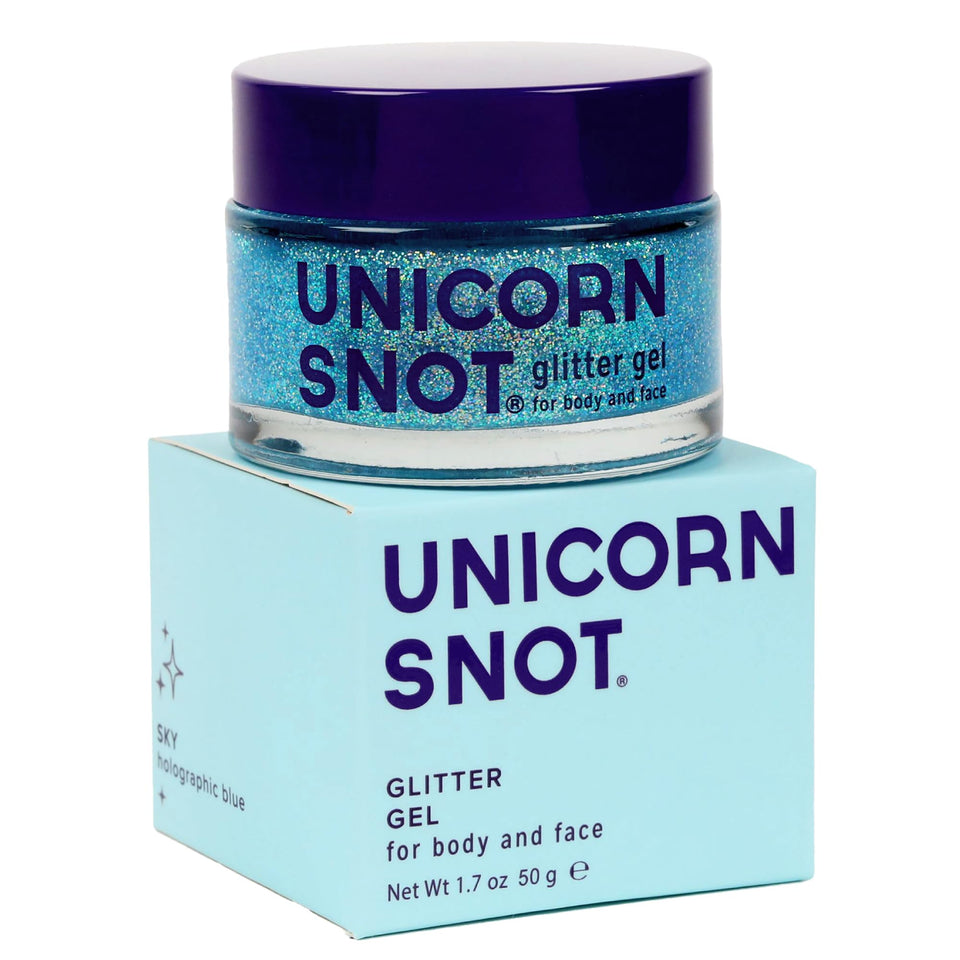 UNICORN SNOT front jar showing sky blue holographic glitter and label benefit