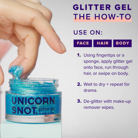 UNICORN SNOT blended into hair strand adding blue shimmer and festival-ready shine