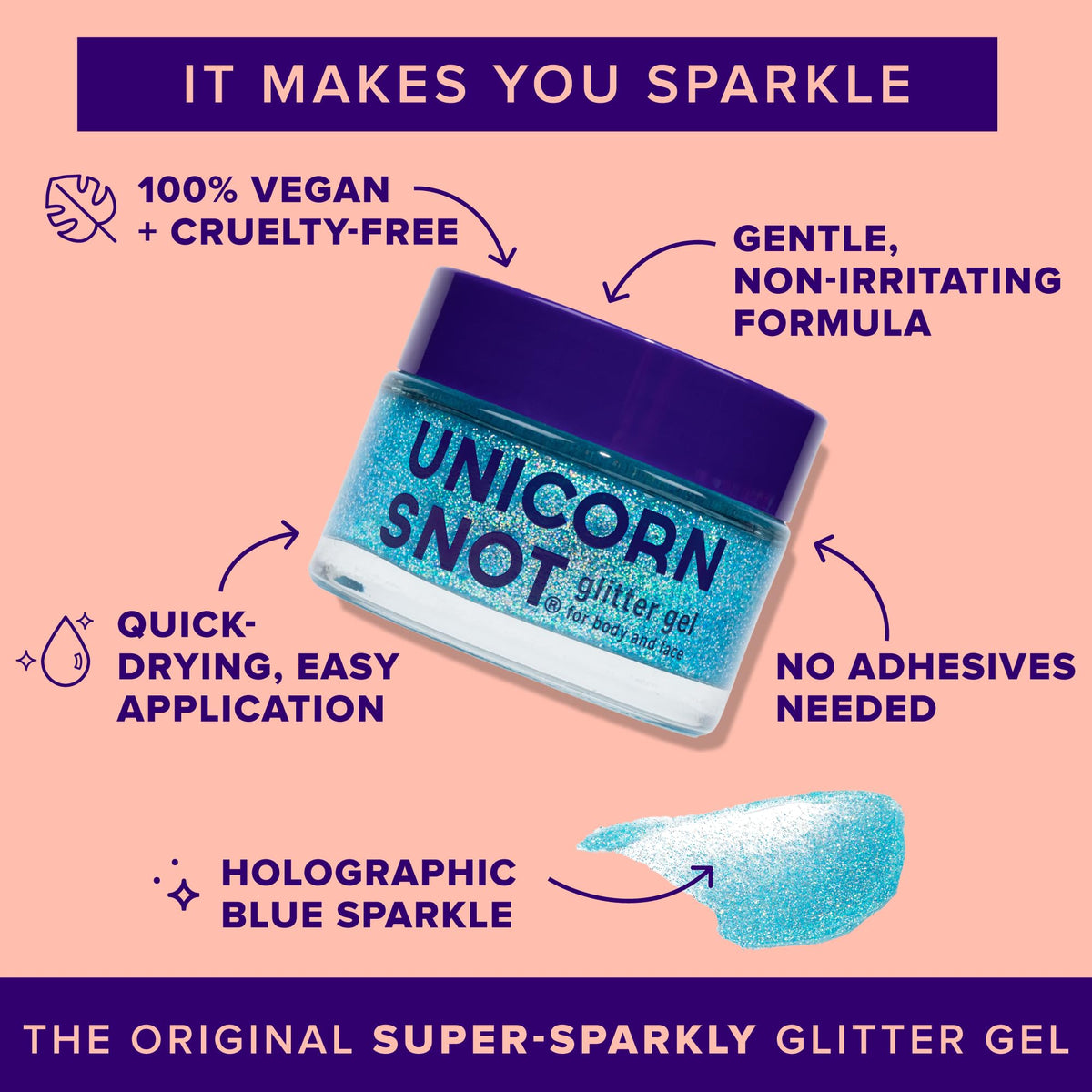 UNICORN SNOT open jar with visible holographic blue glitter for easy application