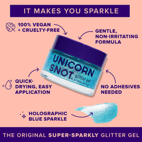 UNICORN SNOT open jar with visible holographic blue glitter for easy application