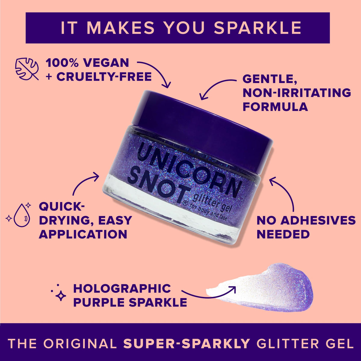 UNICORN SNOT texture close-up of holographic purple gel glitter highlighting shimmer intensity