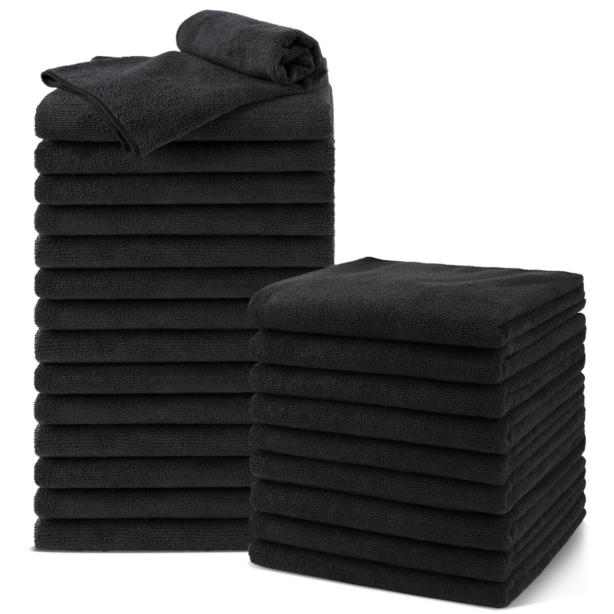 UNIMADE front pack of 24 black salon towels showing bulk value and convenience