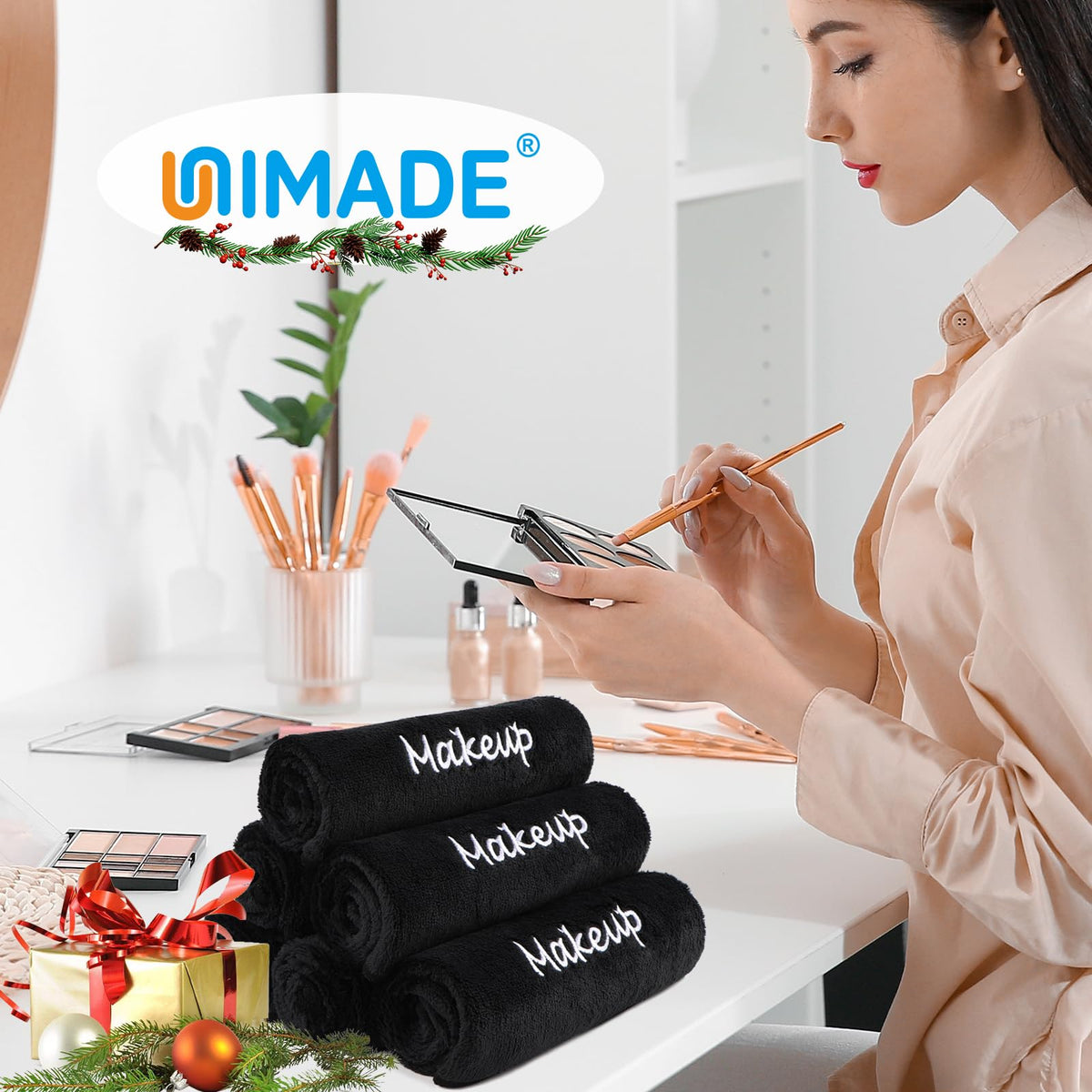UNIMADE labeled "makeup" towel in hotel bathroom offering tidy, professional service