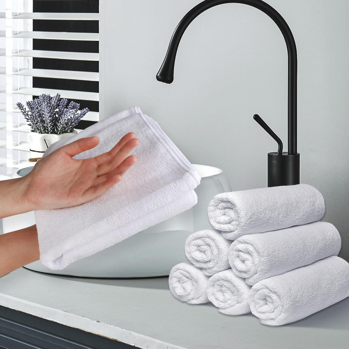 UNIMADE lifestyle bathroom shelf with towels suggesting spa-like cleanliness and comfort