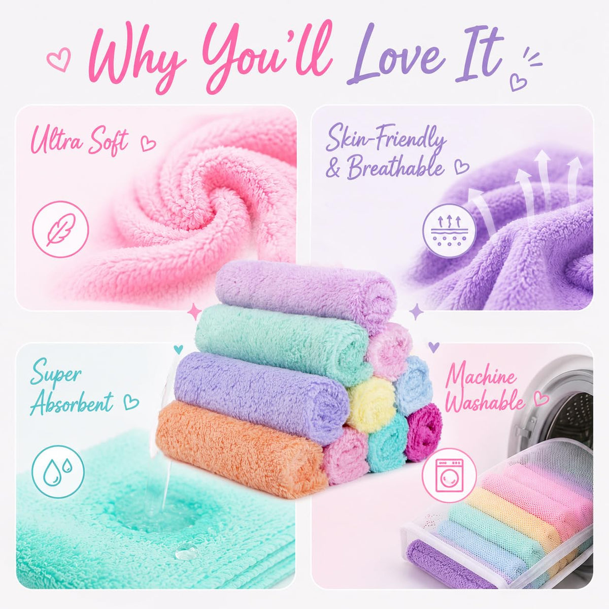 UNIMADE stacked colorful towels showing easy organization by purpose