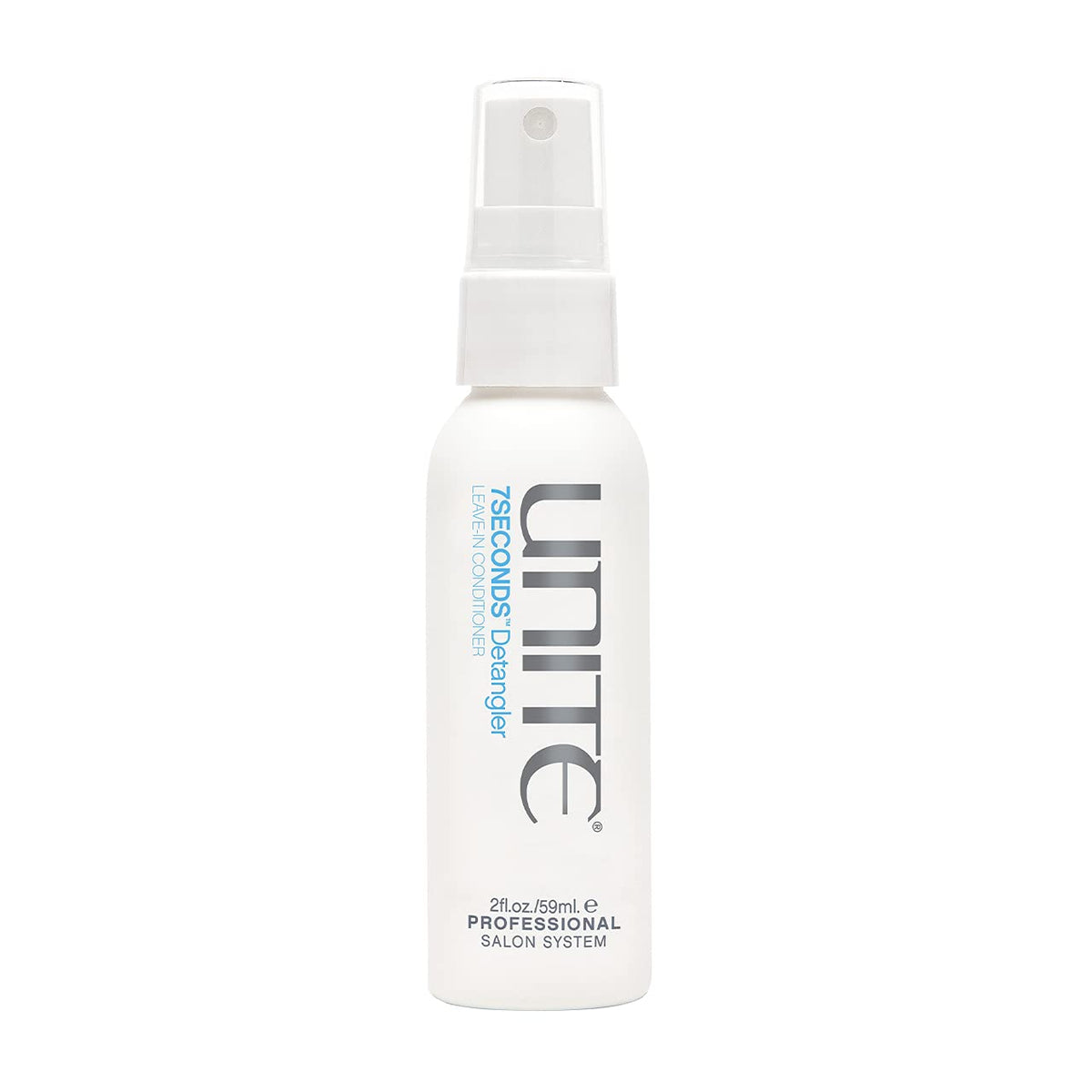 UNITE 7SECONDS front packaging showing travel-size bottle and label benefits