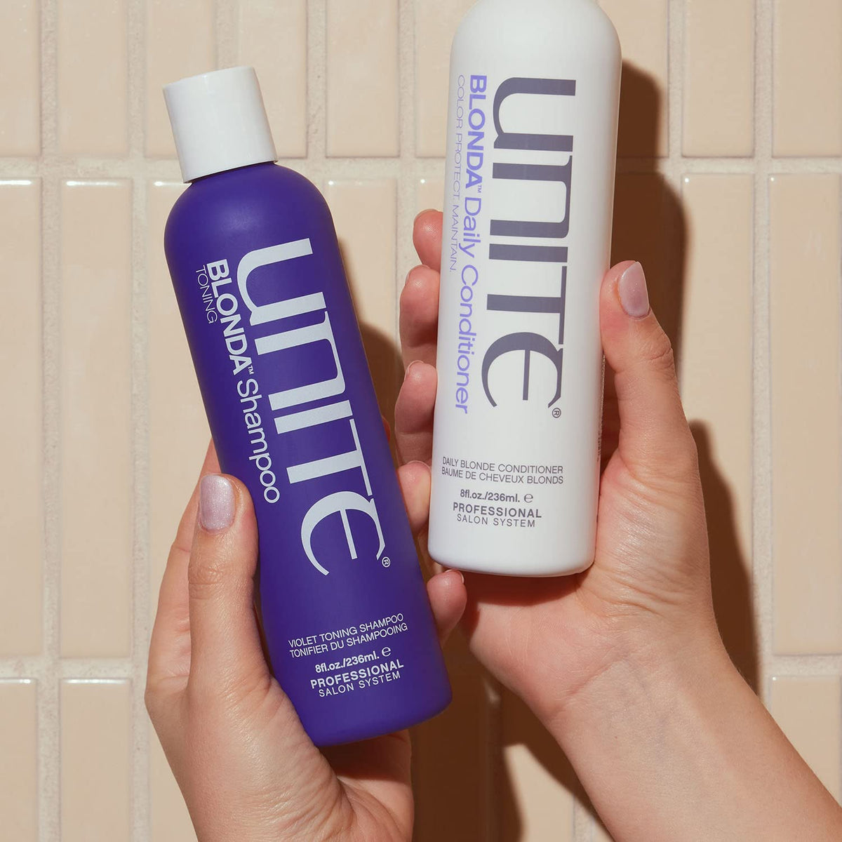 UNITE Hair BLONDA before and after blonde hair showing reduced brass and brighter tone benefit