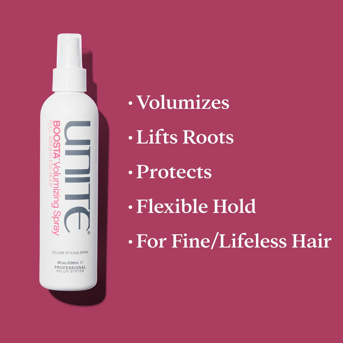 UNITE BOOSTA close-up spray texture illustrating fine-hair body benefit