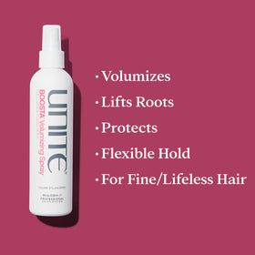UNITE BOOSTA close-up spray texture illustrating fine-hair body benefit