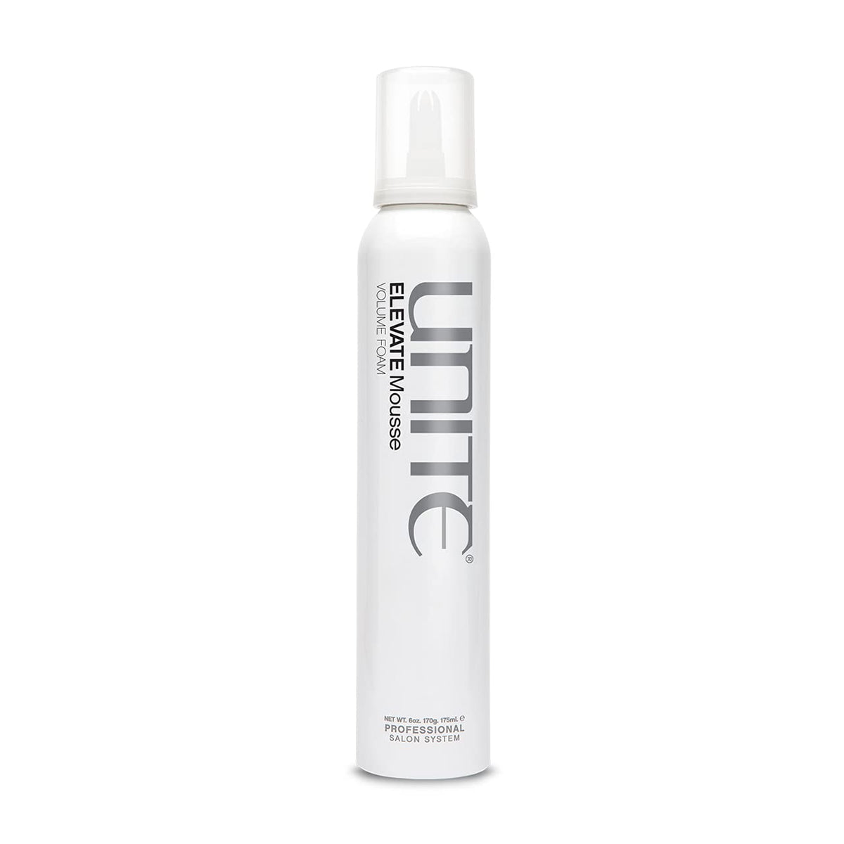 UNITE ELEVATE mousse front bottle view showing brand and sleek packaging benefit: professional styling