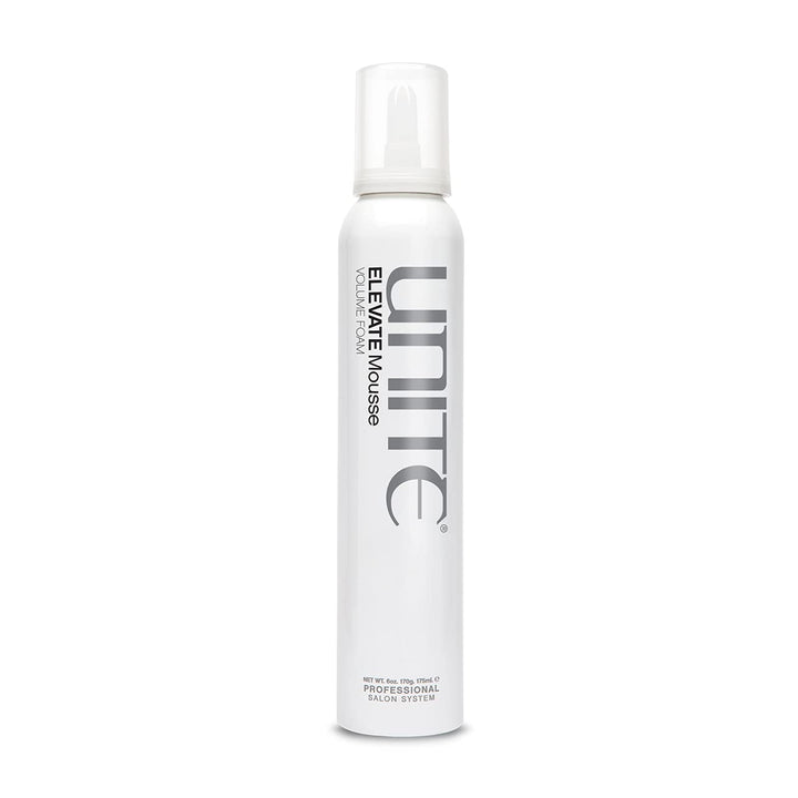 UNITE ELEVATE mousse front bottle view showing brand and sleek packaging benefit: professional styling