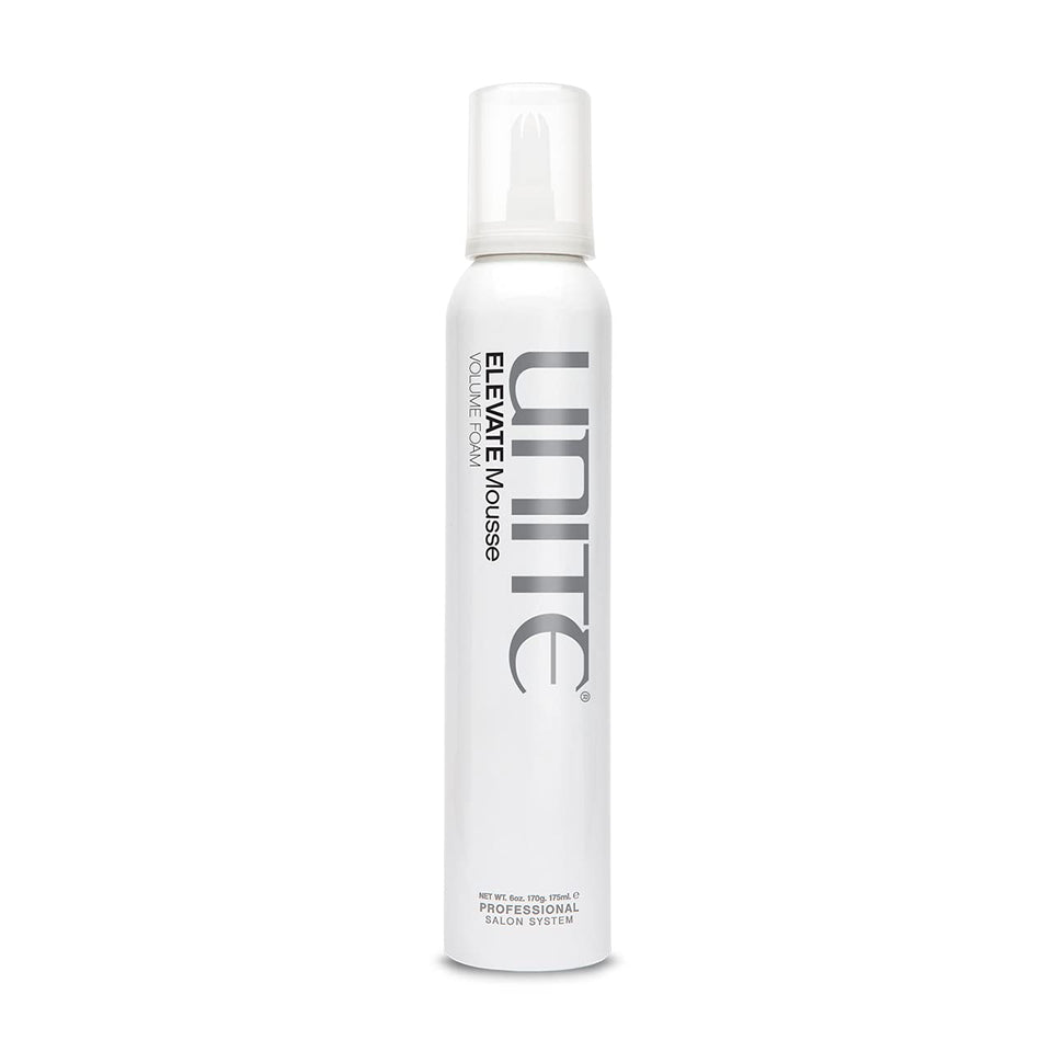 UNITE ELEVATE mousse front bottle view showing brand and sleek packaging benefit: professional styling