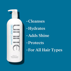 UNITE conditioner applied in shower to damp hair for quick one to three minute treatment