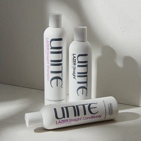 UNITE LAZER used in salon-style blowout showcasing smooth, shiny hair and humidity resistance