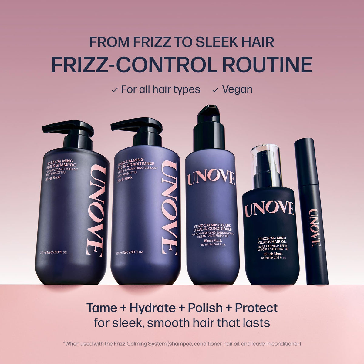 UNOVE bottle on bathroom shelf next to styling tools for a polished routine