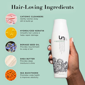 unwash next to a ruler showing 13.5 fl oz size and easy storage benefit