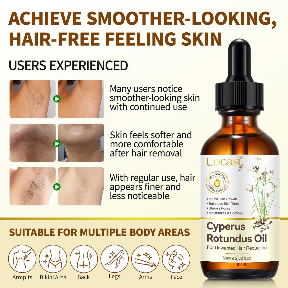 Uocasi application on leg demonstrating post-hair-removal soothing and hydration