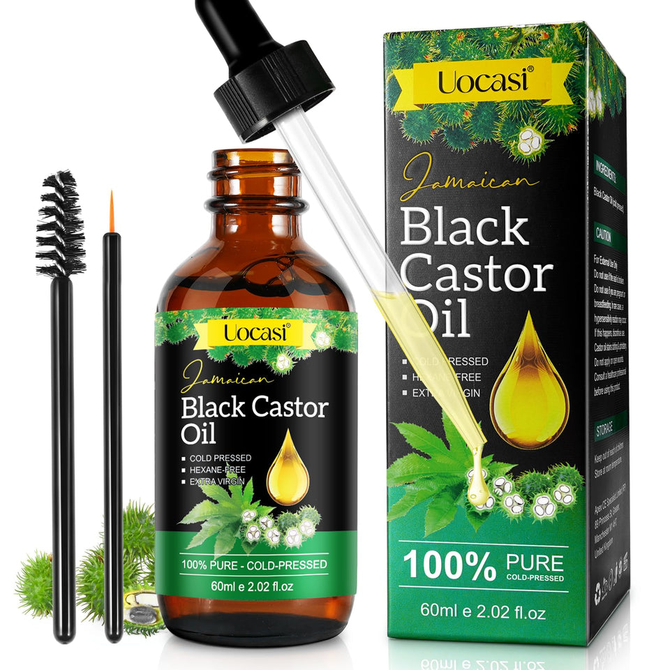 Uocasi glass bottle front view showing pure castor oil for protection