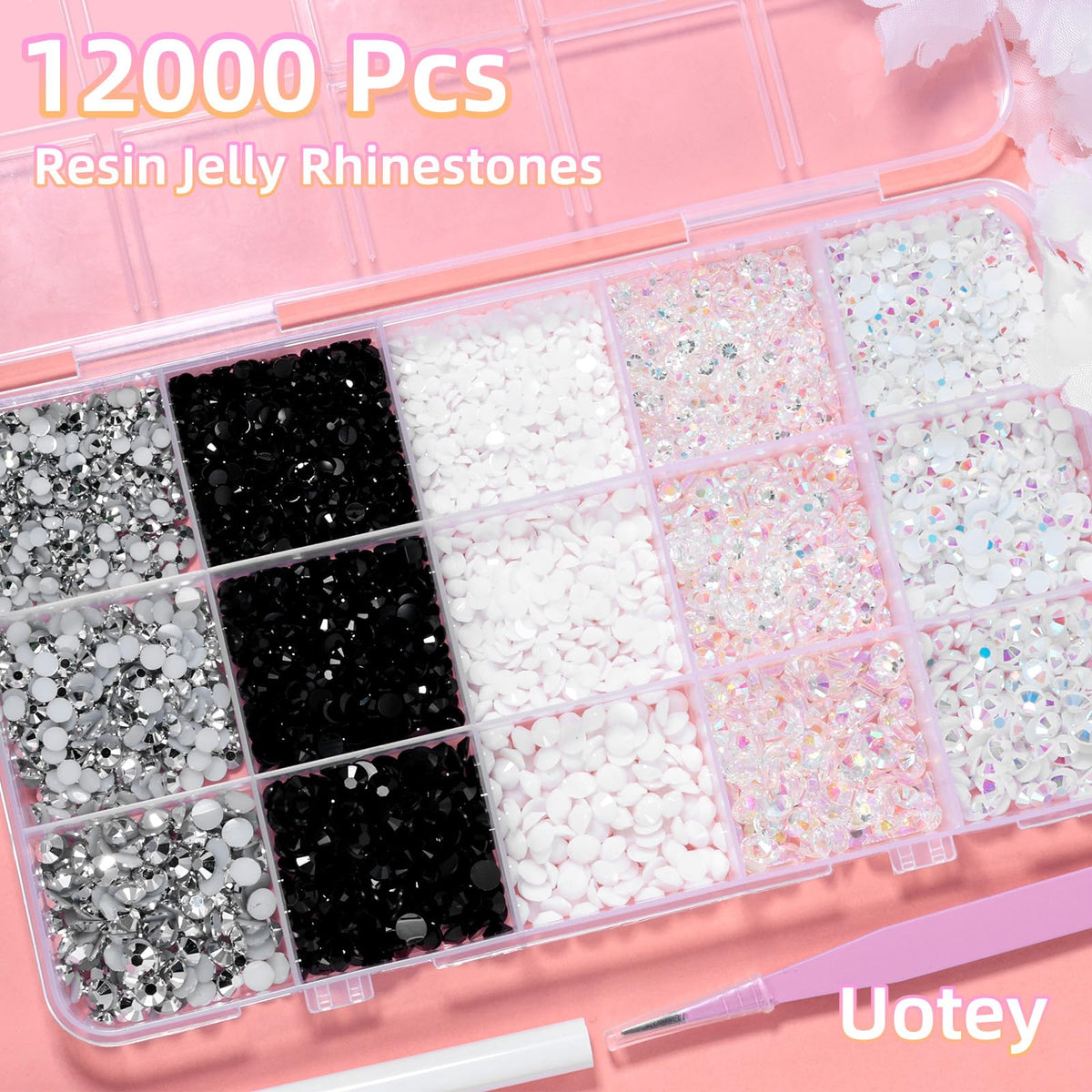 Uotey close-up faceted resin rhinestones highlighting sparkle and iridescent finish
