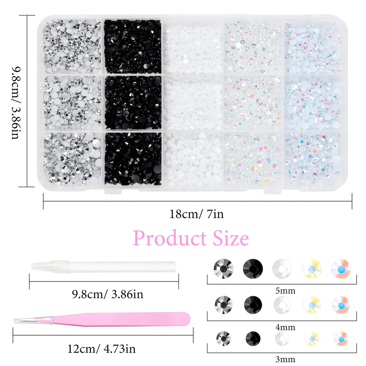 Uotey tweezers and pickup pen with scattered gems demonstrating precise placement benefit