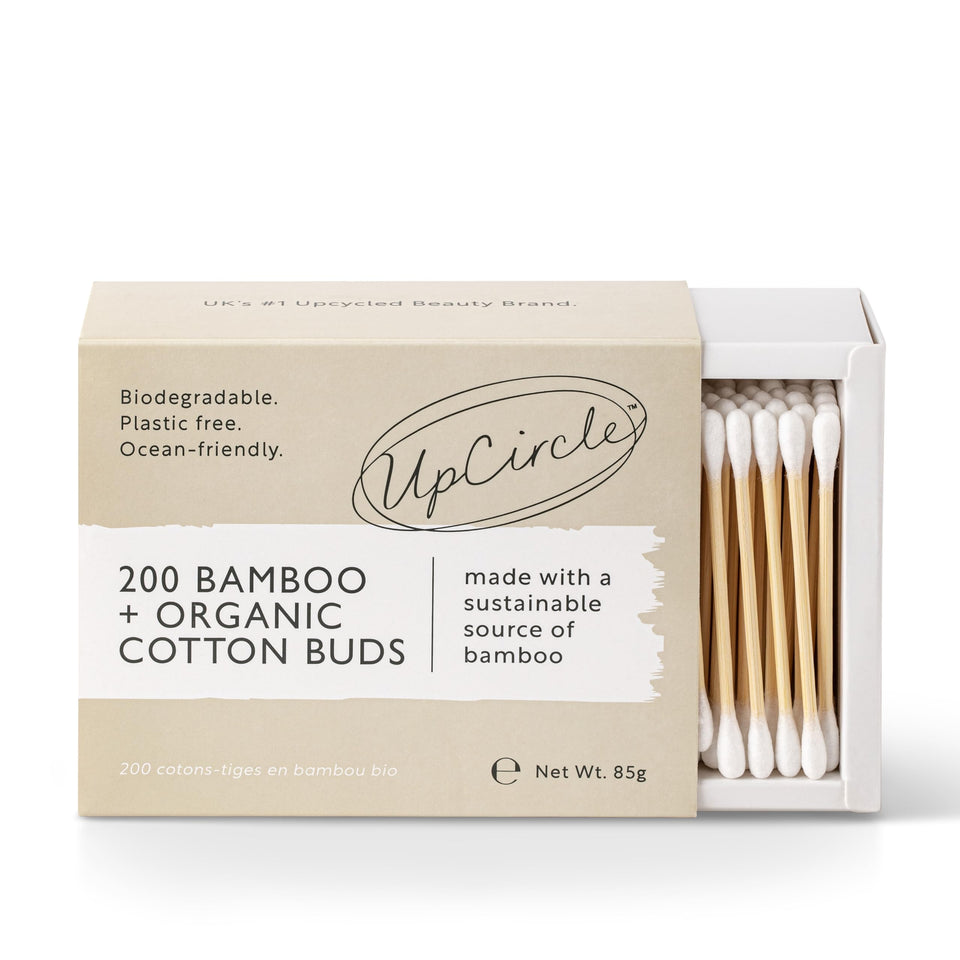 UpCircle front packaging showing 200 bamboo cotton buds and recyclable box benefit