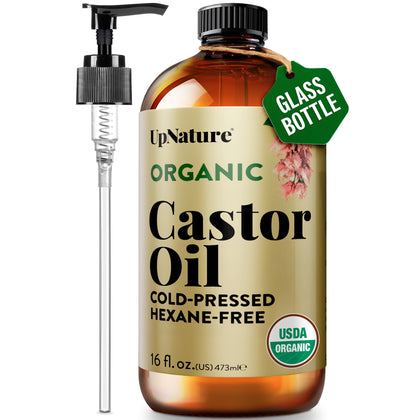 UpNature glass bottle front view showing label and organic castor oil benefits
