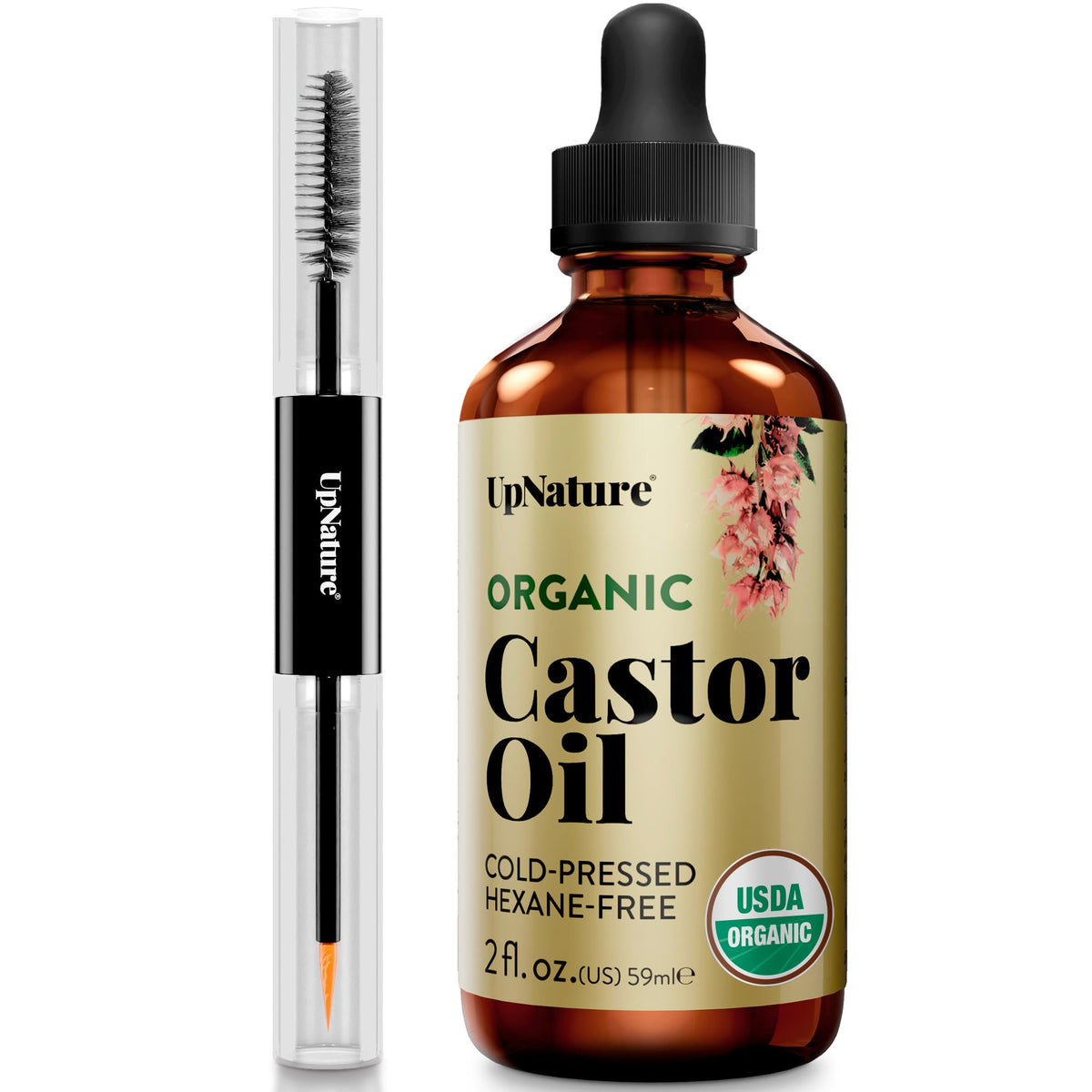 UpNature glass bottle front view showing organic castor oil brand benefit
