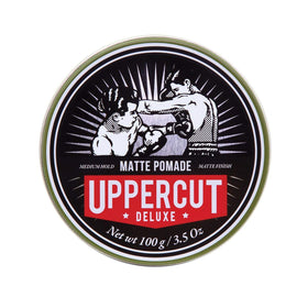 UPPERCUT DELUXE front tin view showing clean matte packaging and product benefit