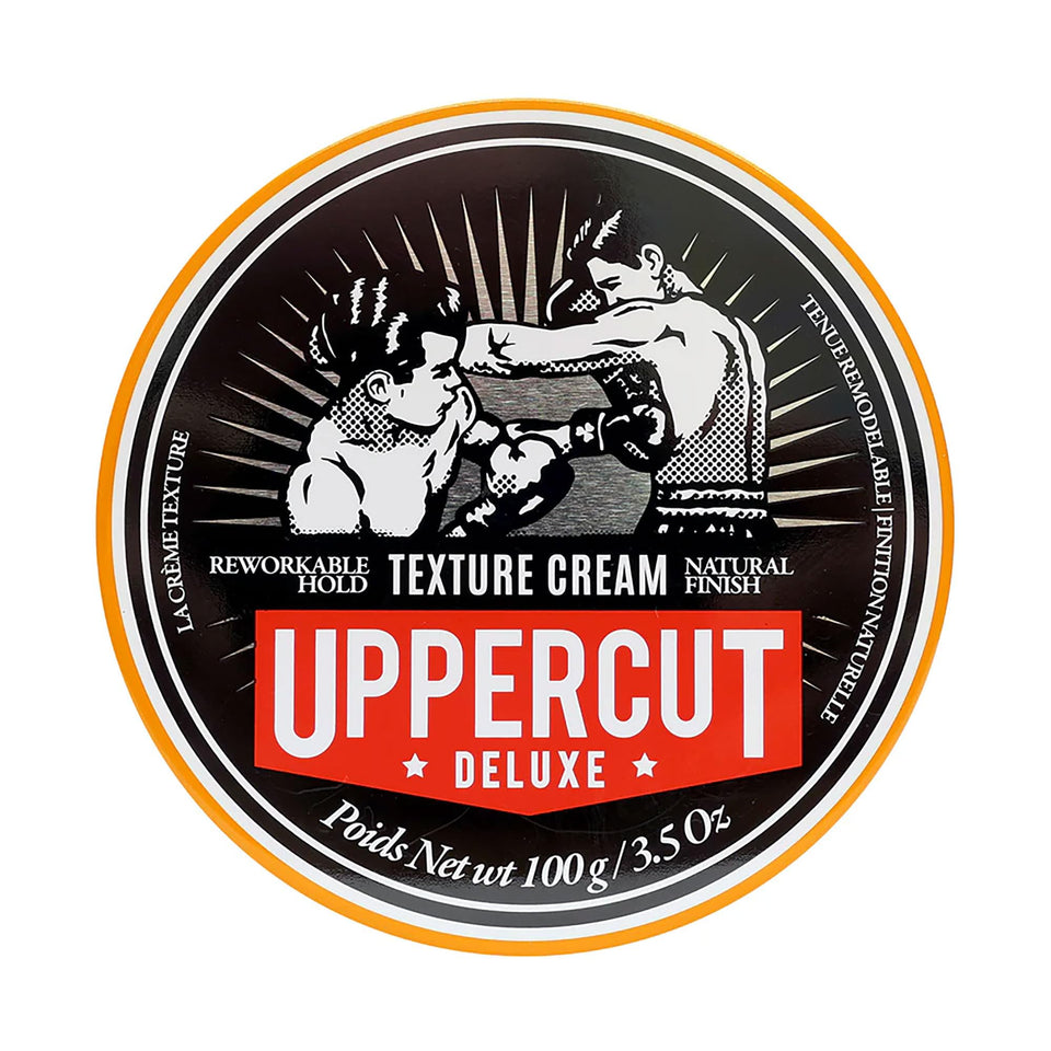 UPPERCUT DELUXE front packaging showing product jar and branding benefits