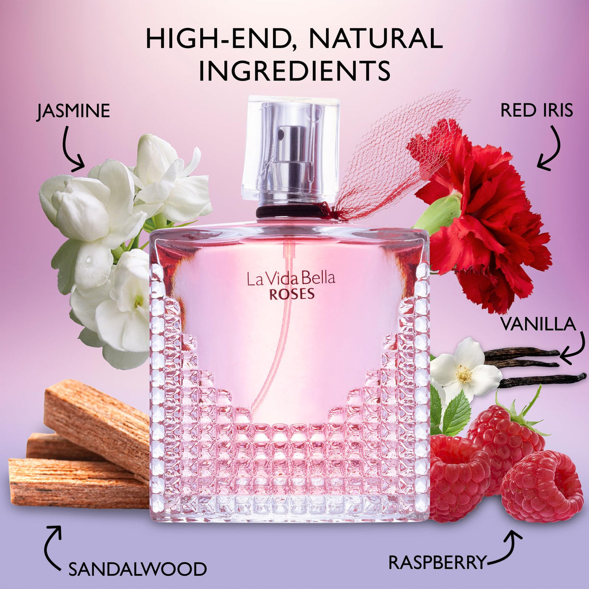 URBAN COLLECTION close-up of label highlighting La Vida Bella Roses ingredients and charm