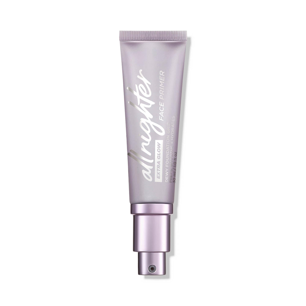 Urban Decay All Nighter Extra Glow front bottle showing packaging and easy-pump benefit